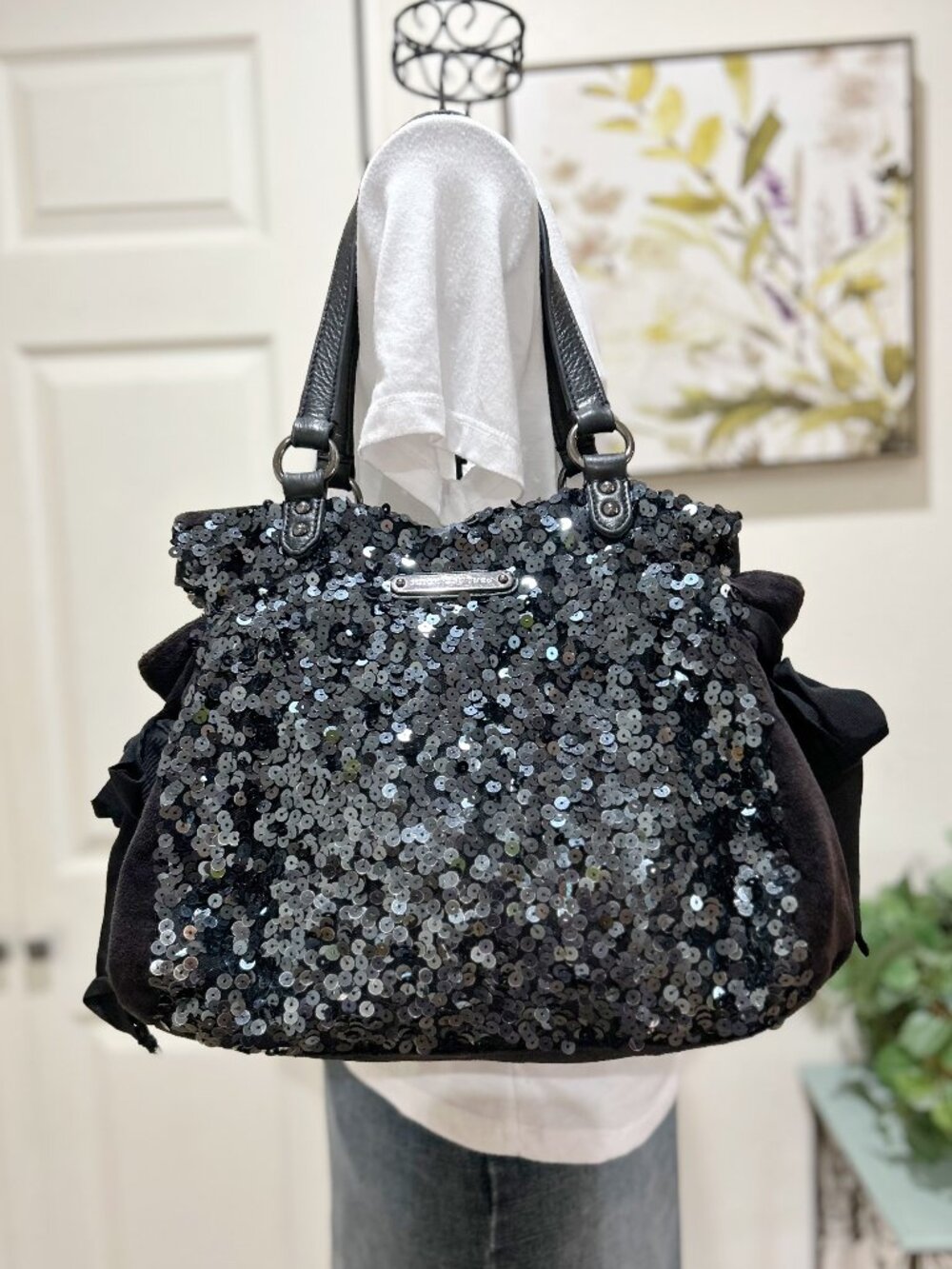 Vintage JUICY COUTURE Y2K All Over Sequin Black Velour Daydreamer Tote Bag